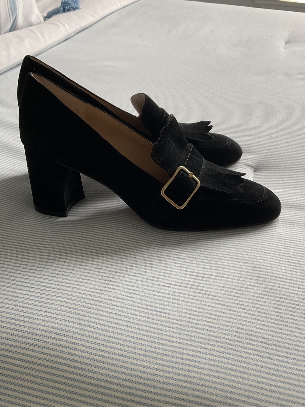 Vince Camuto Black Suede Giuliann Loafers with Gold Buckle - Women's Heels
